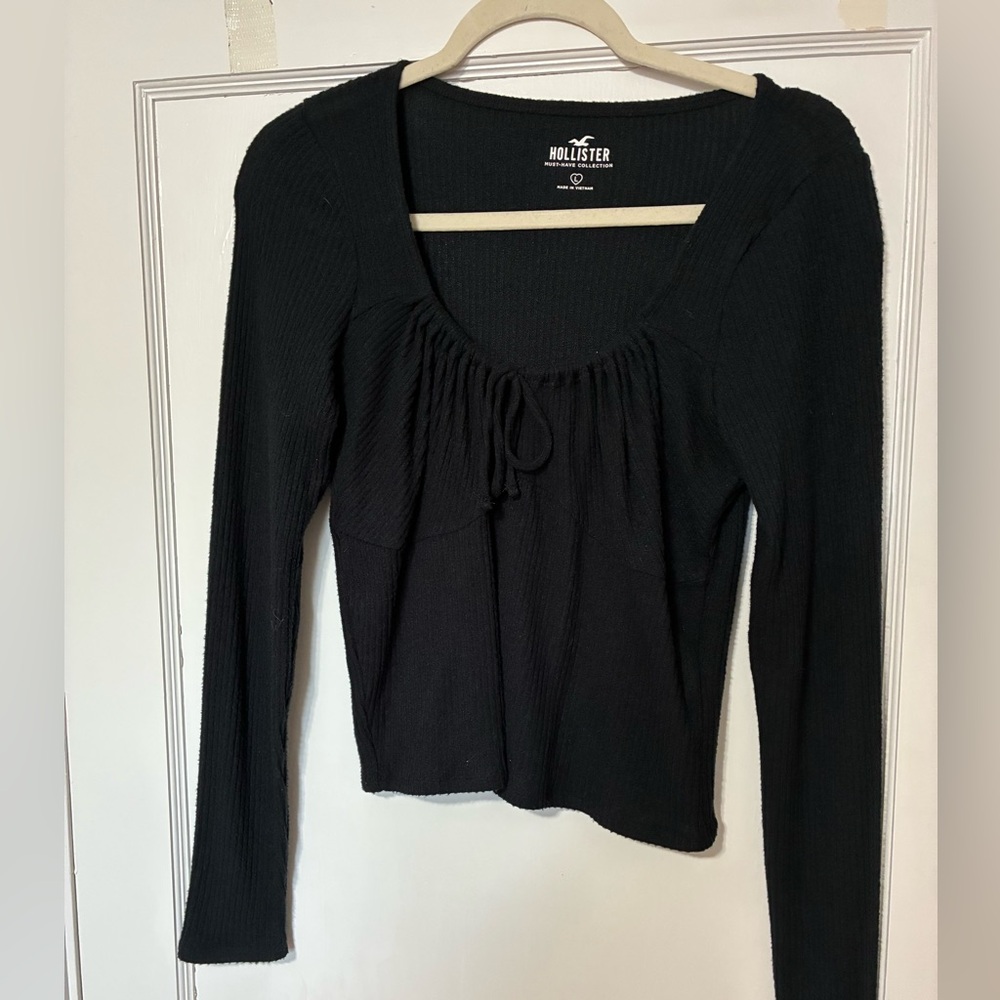 Hollister Black Fitted Long Sleeve Blouse with Tie Front